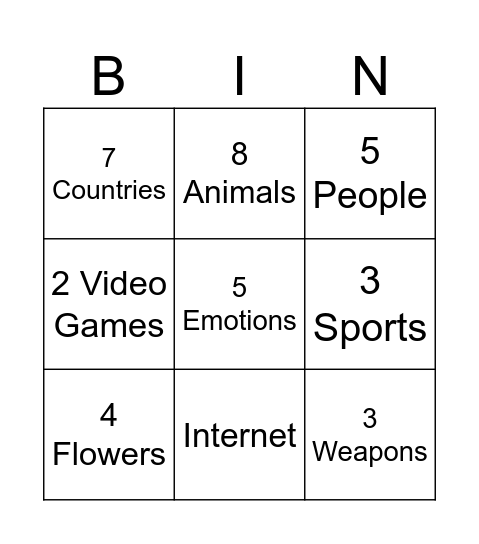 Segs Bingo Card