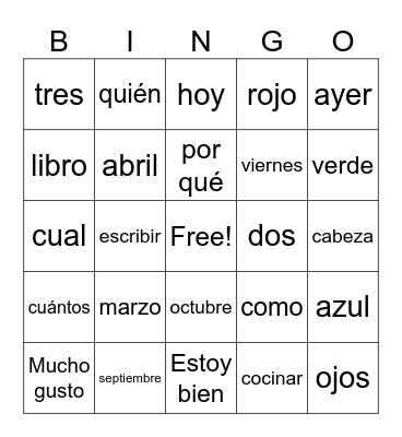 Spanish Review Bingo Card