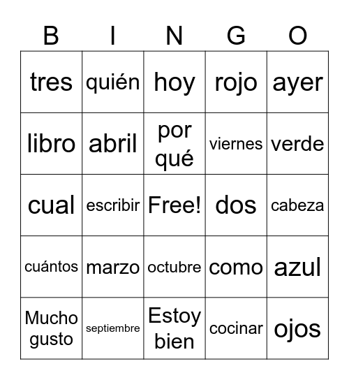Spanish Review Bingo Card