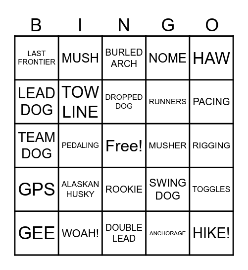 IDITAROD VOCAB Bingo Card