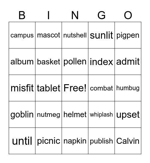 Closed syllable, 2 syllable words Bingo Card