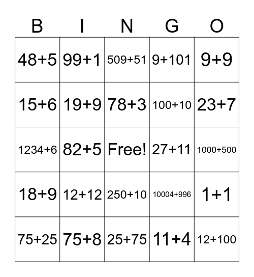 Addition Bingo Card