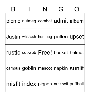 Closed syllable Bingo Card