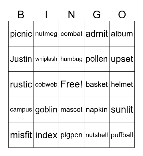 Closed syllable Bingo Card