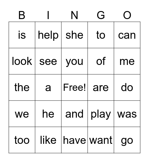 Sight Word BINGO (Kindergarten) Bingo Card