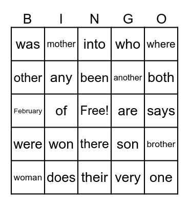 Heart Words Bingo Card