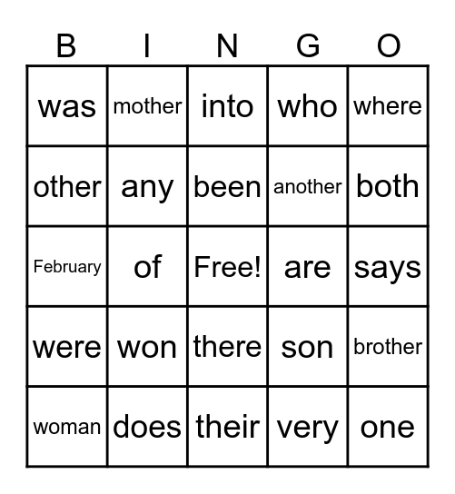 Heart Words Bingo Card