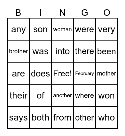 Heart Words Bingo Card