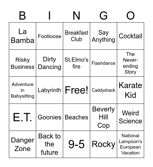 80's Movie Theme Songs Bingo Card