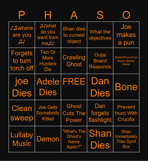 Phasmophobia Bingo Card