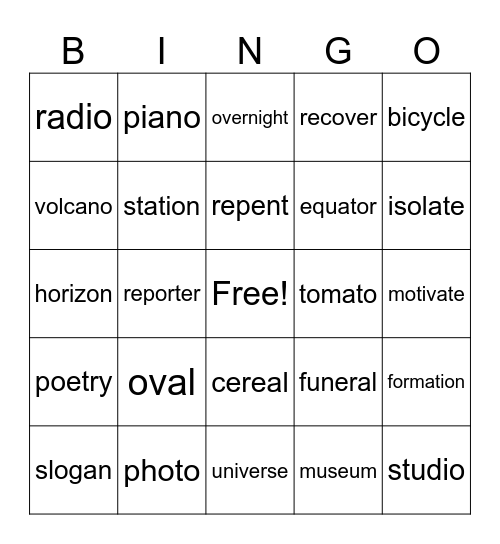 Open Syllable Bingo Card