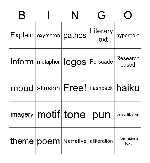 Literary Bingo Card