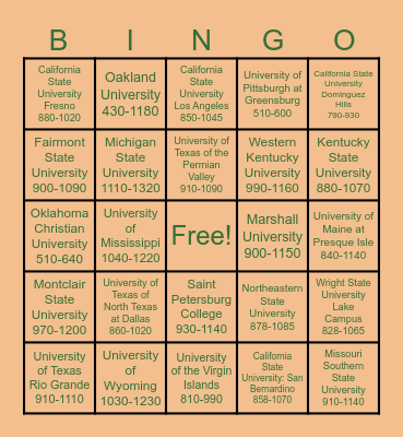 College SAT Scores Bingo Card
