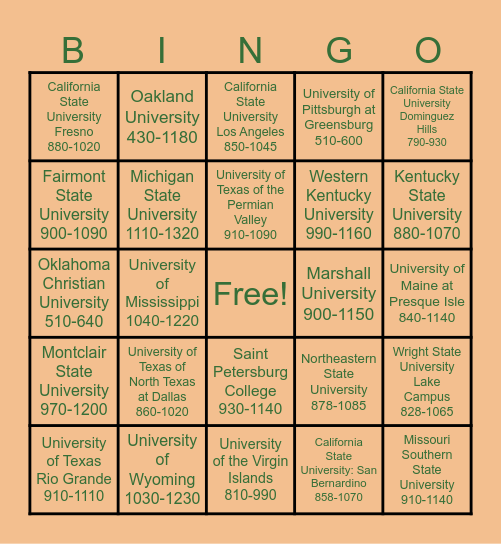 College SAT Scores Bingo Card