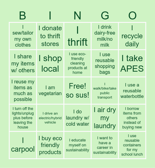DV Sustainability Club Bingo! Bingo Card