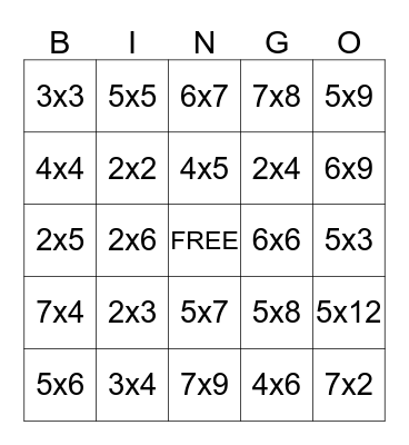 Multiplication Bingo Card