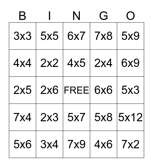 Multiplication Bingo Card