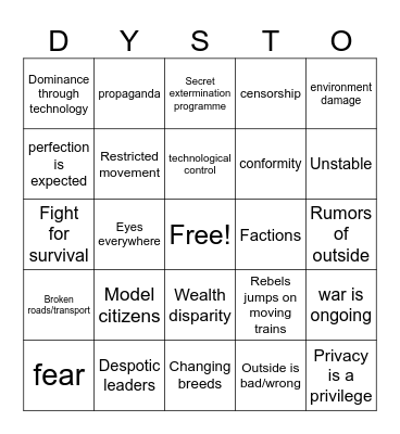 Dystopian Bingo Card