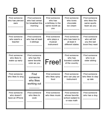 Find a Friend Bingo Card