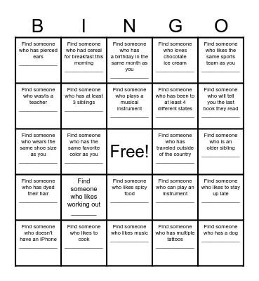 Find a Friend Bingo Card