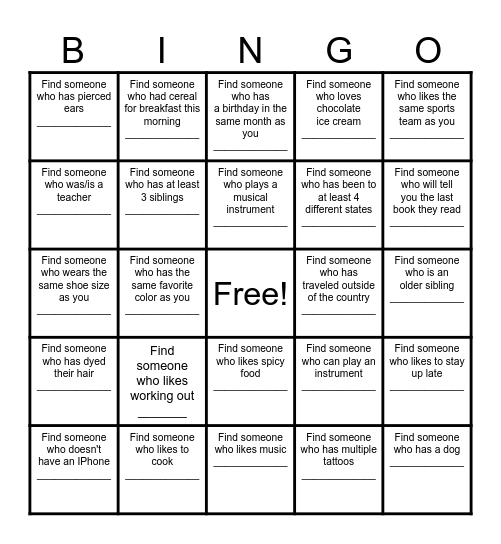 Find a Friend Bingo Card