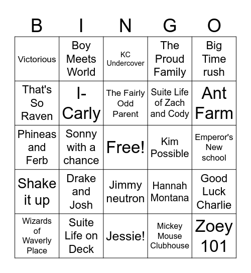 Disney and Nickelodeon theme songs Bingo Card