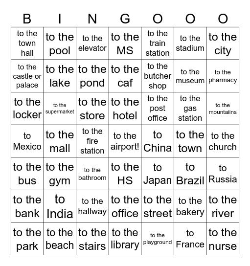 Les endroits de la ville Bingo Card