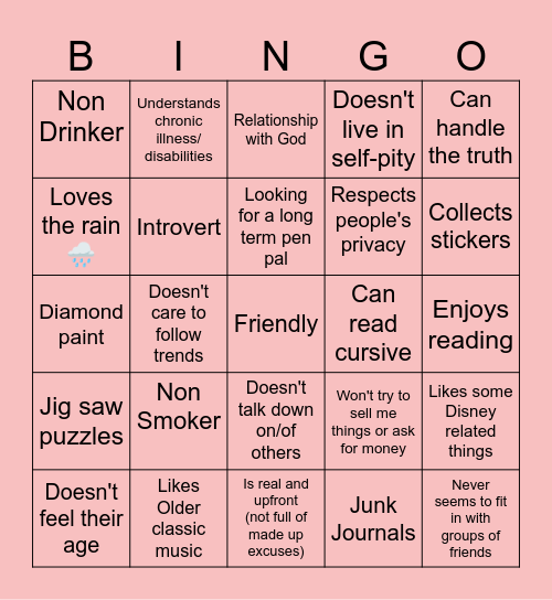 Pen Pal Bingo Card