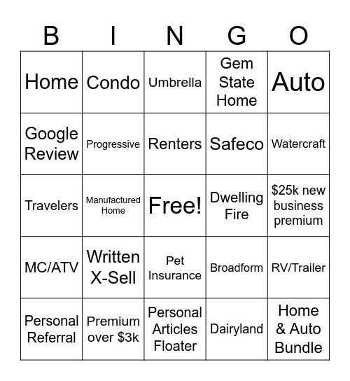 Personal Insurance Bingo Card
