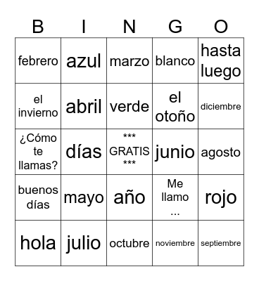 Grade 6 Exp Spanish Bingo Card