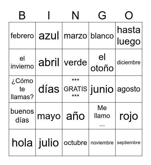 Grade 6 Exp Spanish Bingo Card