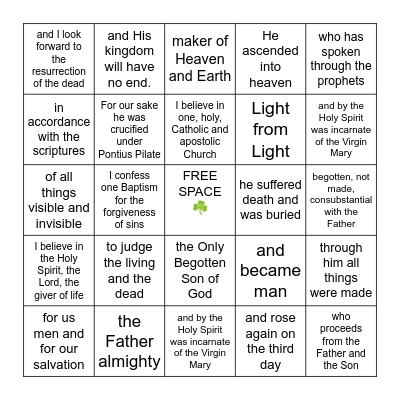 Nicene Creed Bingo Card