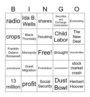 U.S. History - 1920's and Great Depression Bingo Card