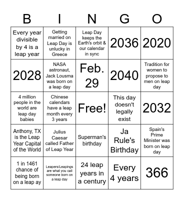 Leap Day 2024~~ Bingo Card