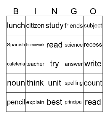 School Words Bingo Card