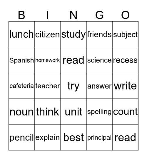 School Words Bingo Card