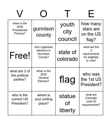 Civic Engagement Q&A Bingo Card