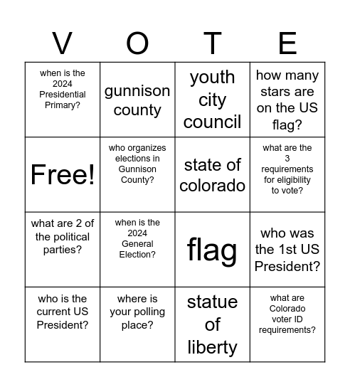 Civic Engagement Q&A Bingo Card