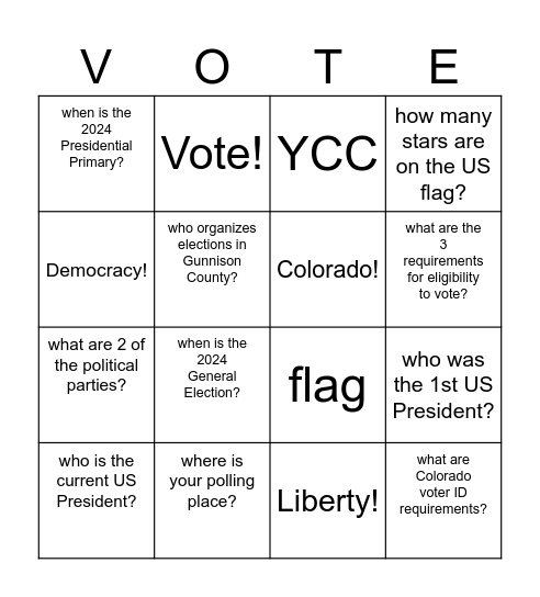 Civic Engagement Q&A Bingo Card