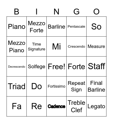 Music Vocabulary Bingo Card