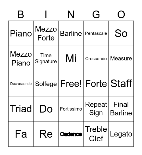 Music Vocabulary Bingo Card