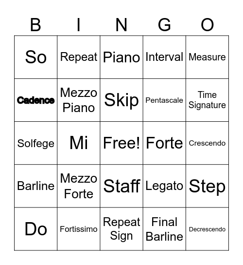 Music Vocabulary Bingo Card