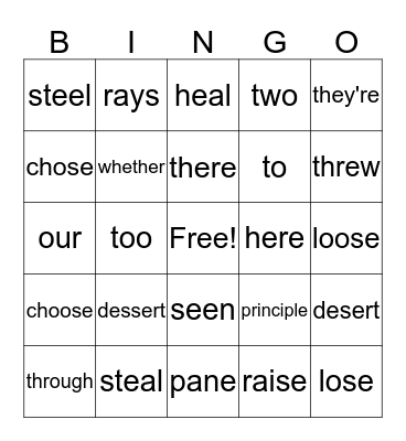 Confused Words Bingo Card