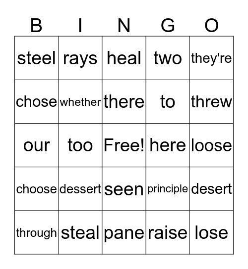 Confused Words Bingo Card