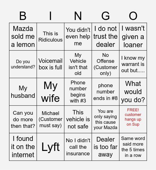 Supervisor Call Bingo Card