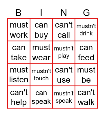 Modal verbs Bingo Card