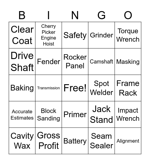 Collision Lingo Bingo Card