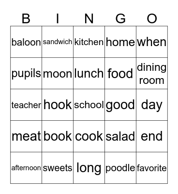 School Lunch - Unit 6 Bingo Card