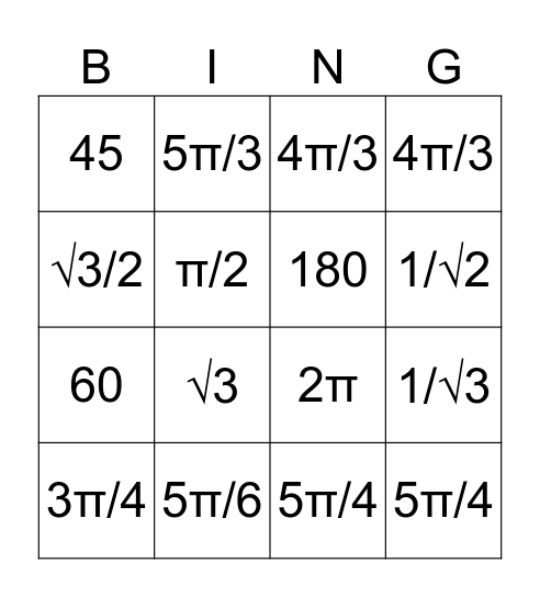 Trig Angles Bingo Card