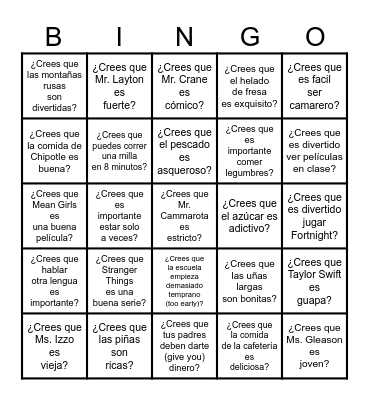 Ch. 9-1-- ¿Crees que...?--Expressing Opinions Bingo Card